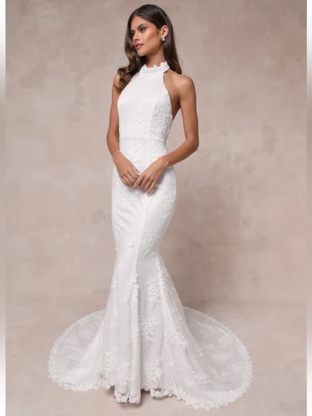 NWOT Lulus Dreamy Glamour White Embroidered Halter Mermaid Maxi Dress